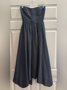 Reformation Navy and White Polka Dot Strapless Dress